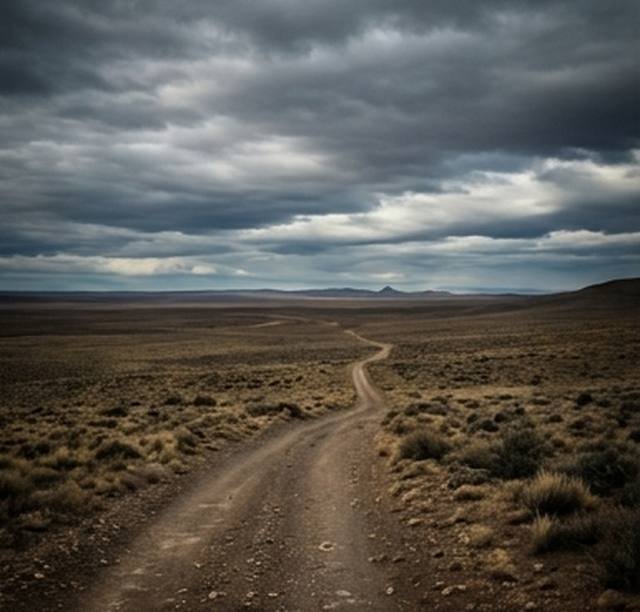 Camino de tierra que cruza la estepa patagónica bajo un cielo nublado