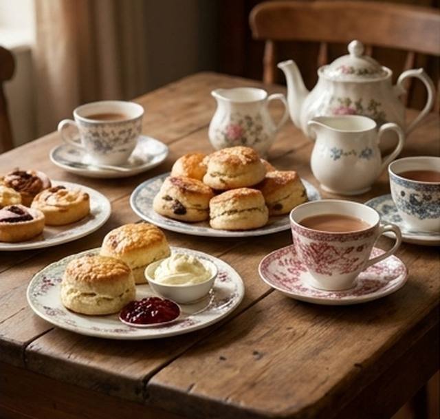 Mesa con té, scones y mermelada, típicos de la ceremonia del té galés